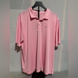 Crown & Ivy Men’s Pink and White striped Polo Shirt Size X-Large Poly/Spandex
